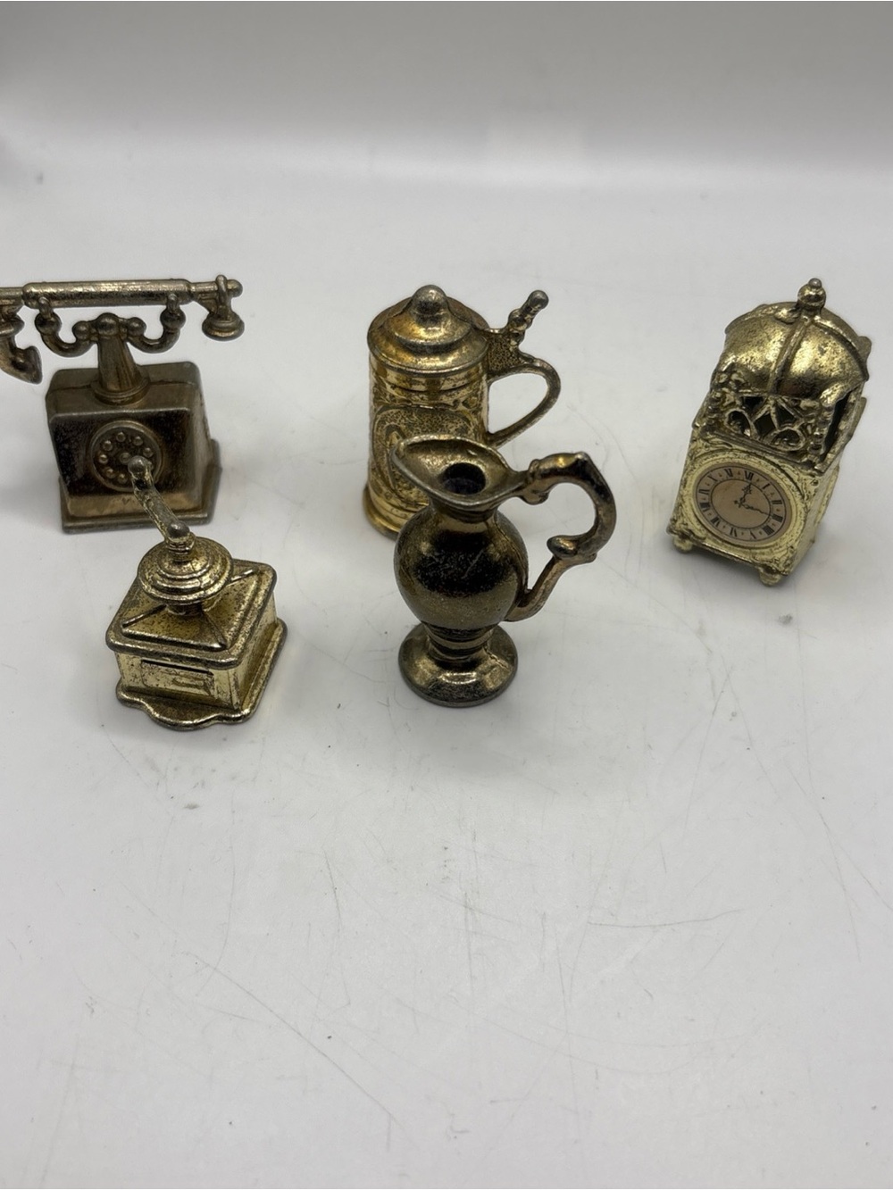 Lot Of 5 Vintage Brass Miniatures Curio Telephone Iron Pitcher Bucket Kettle 2"